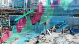 Construction site with workers, overlaid by translucent colorful financial charts and an upward arrow.