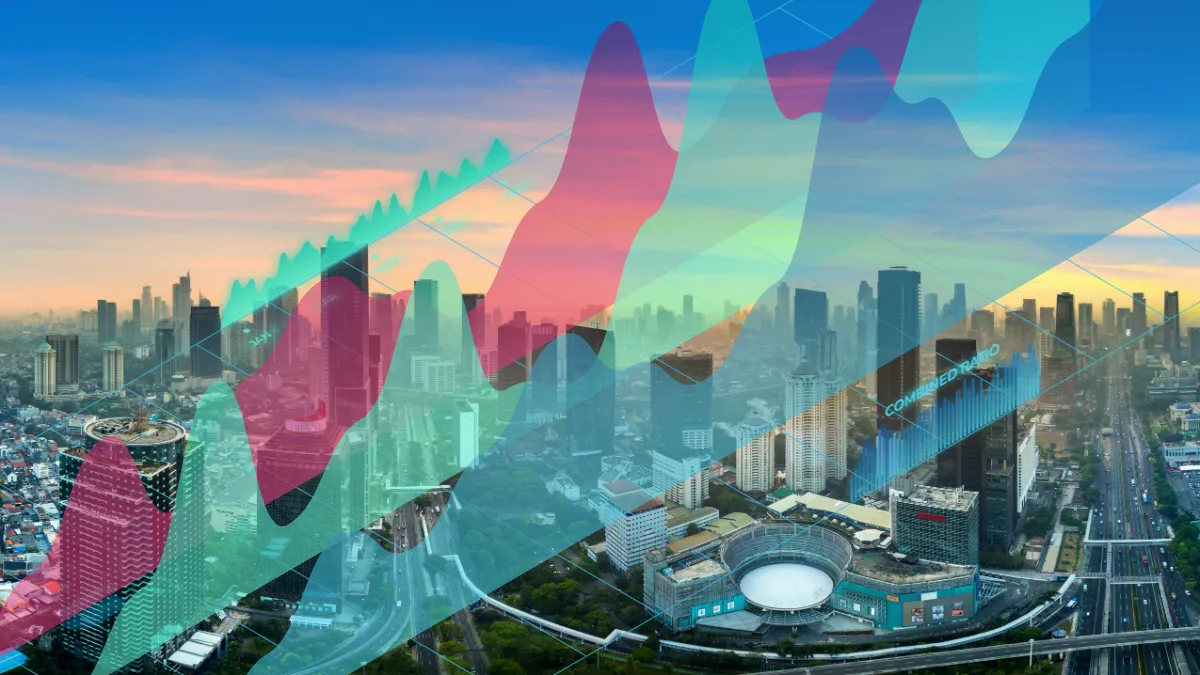A city skyline is overlaid with translucent, colorful financial market charts.