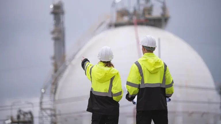 Two workers in hard hats and high-visibility jackets inspect a large industrial storage tank.