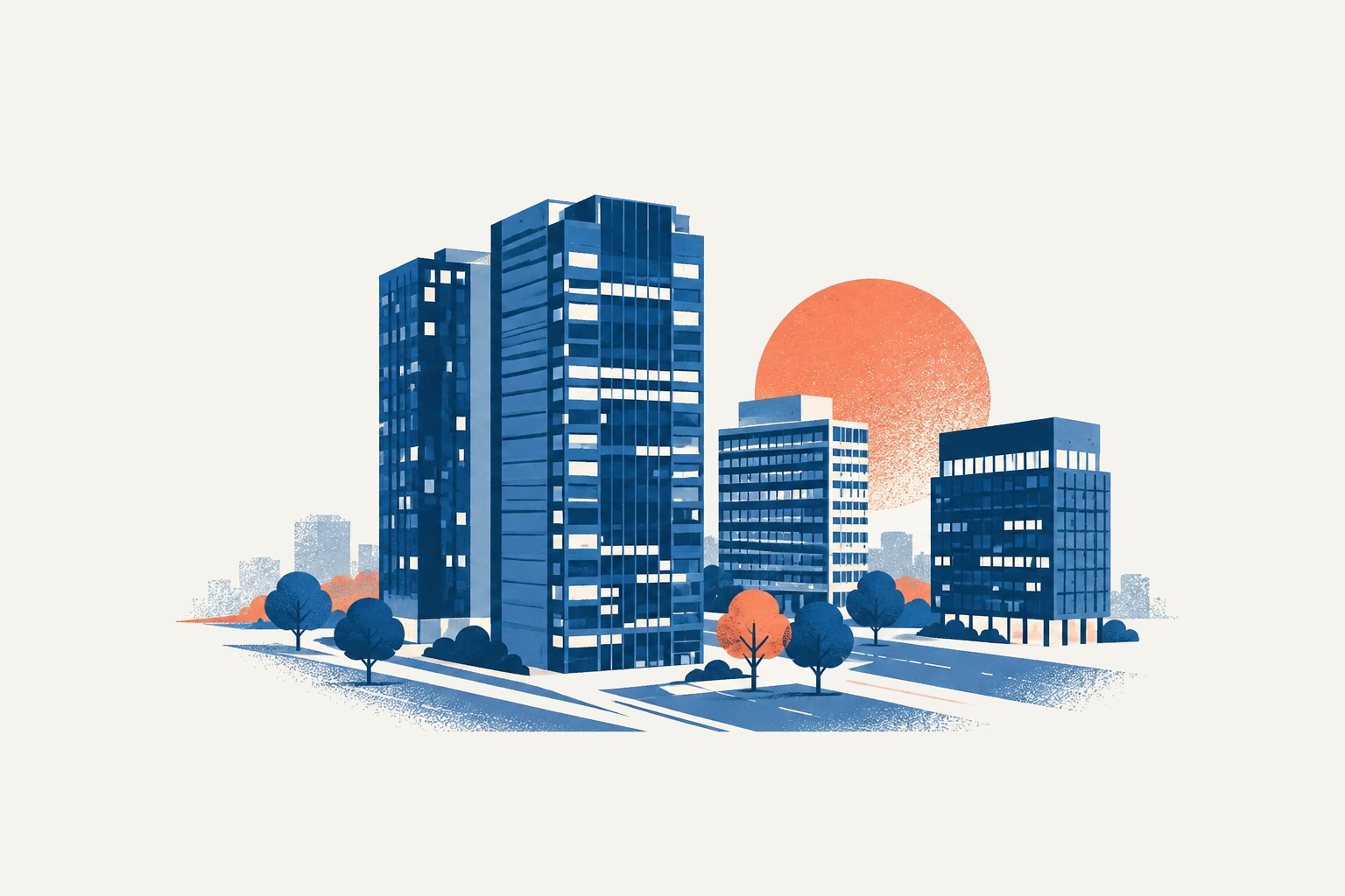 GIFT City towers illustrated in navy and blue with a coral sun.