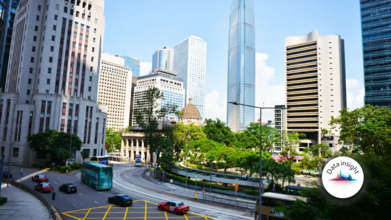 Hong Kong cityscape with high-rise buildings, roads, buses and a domed landmark.