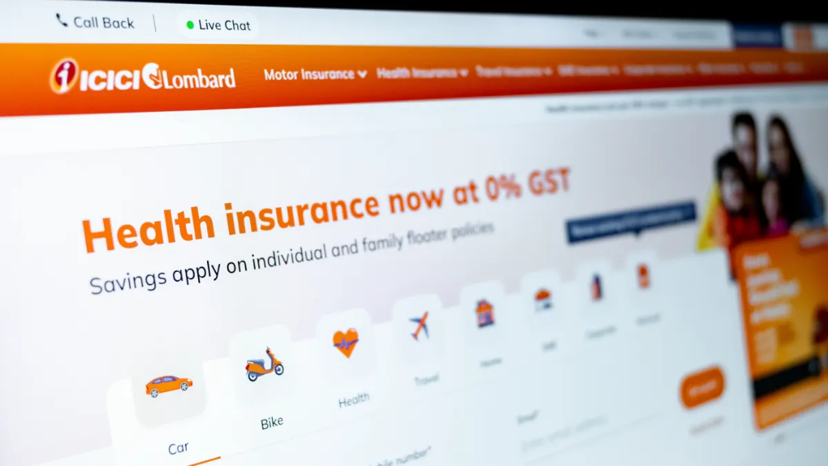 ICICI Lombard website showing a health insurance promotion with vehicle and policy icons.