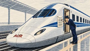 A uniformed inspector examines a treaty notice beside a high-speed train marked AIR.