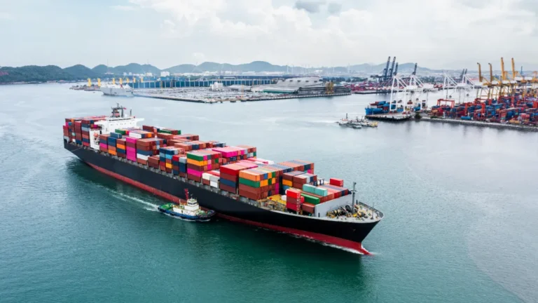 A container ship escorted by a tugboat passes cargo cranes and stacked containers at a busy port.