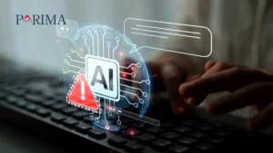 PARIMA logo over an illustration of hands typing on a laptop with an AI warning symbol.