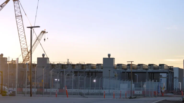 Data center construction site with cranes, fencing and industrial buildings at sunset.