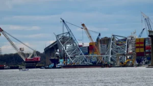 Cargo cranes and stacked shipping containers stand beside a bridge at a busy port.