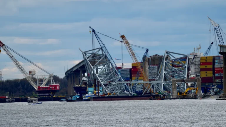 Cargo cranes and stacked shipping containers stand beside a bridge at a busy port.
