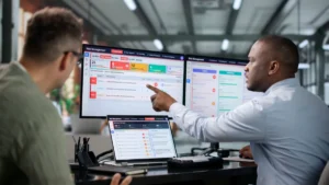 Peak Re joins Global Asia Insurance Partnership as principal partner Two professionals review risk management dashboards on multiple computer screens.