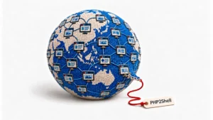 Embroidered globe covered with network screens and a PHP2Shell tag, symbolising global cybersecurity risks.