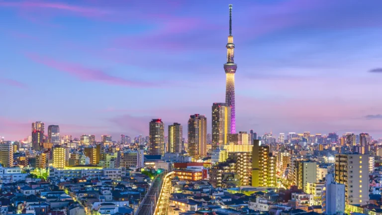 Tokyo skyline at dusk, featuring the illuminated Tokyo Skytree surrounded by densely packed buildings.