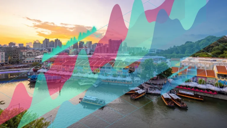 Singapore waterfront skyline overlaid with colorful financial market charts.