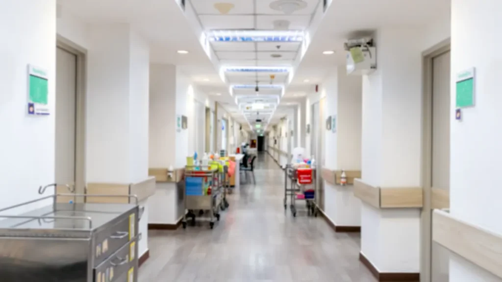 Hospital corridor lined with doors, medical equipment carts and overhead lighting.