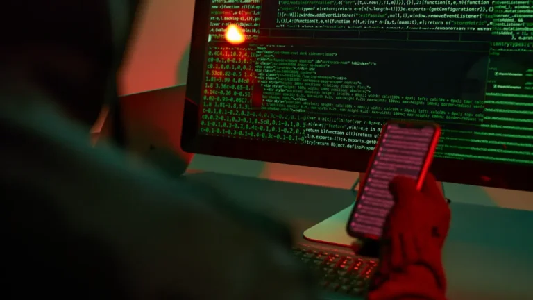 Person holding a smartphone in front of computer monitors displaying lines of code.