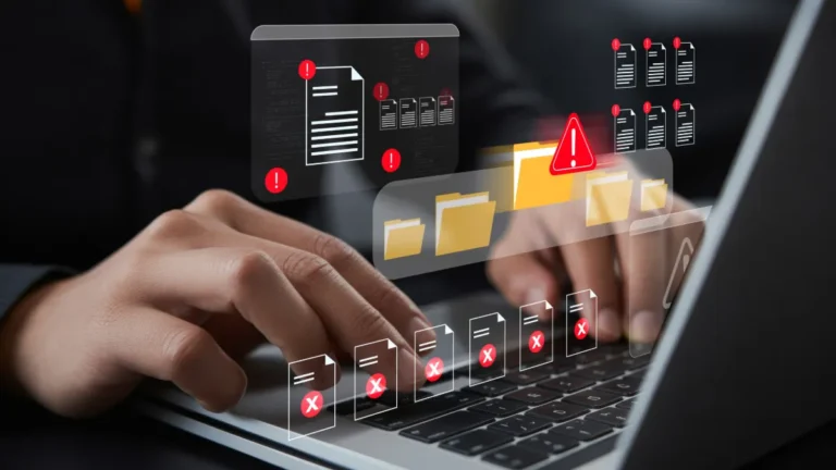 Hands type on a laptop displaying cybersecurity warnings, folders and documents marked with red error symbols.