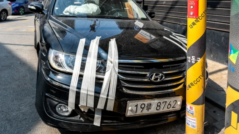 A damaged black Hyundai with its front taped up sits beside a CCTV-marked pole on a South Korean street.