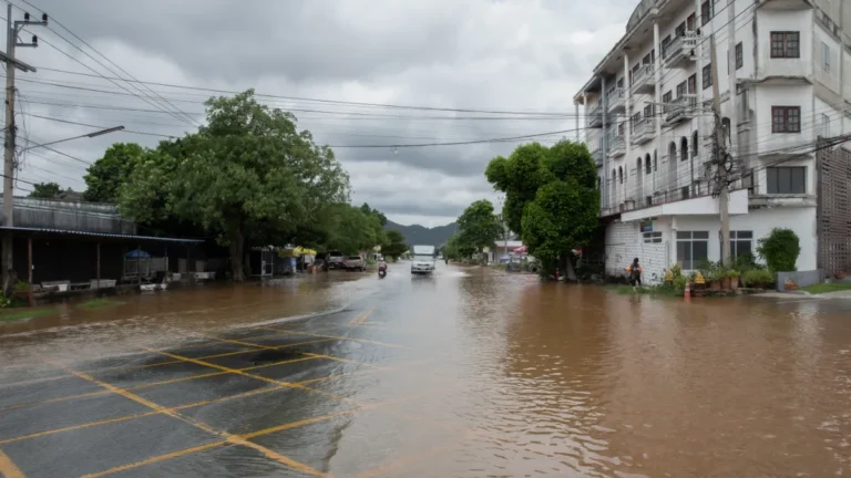 Floodwater covers a street in Chiang Mai, with cars, shops and apartment buildings beneath cloudy skies.