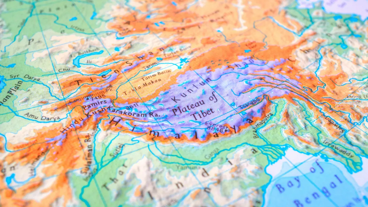 Relief map labeled Tibet, the Himalayas and surrounding Central Asian region.