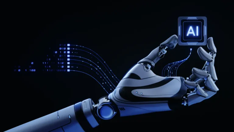 A robotic arm holds a glowing AI chip as streams of digital code flow around it.