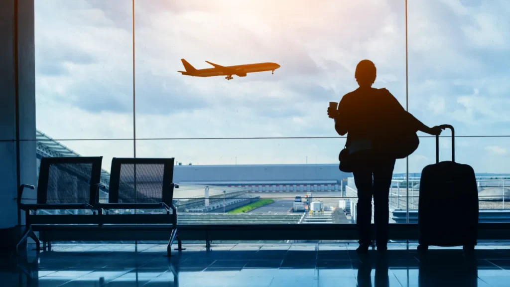 Traveler with luggage watches an airplane from an airport terminal window.