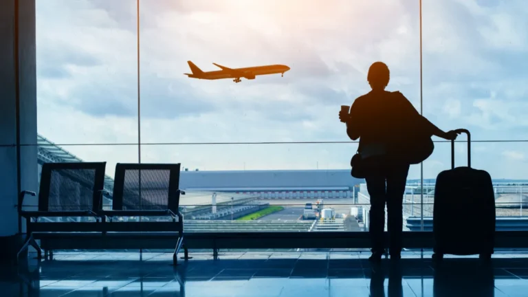 Traveler with luggage watches an airplane from an airport terminal window.
