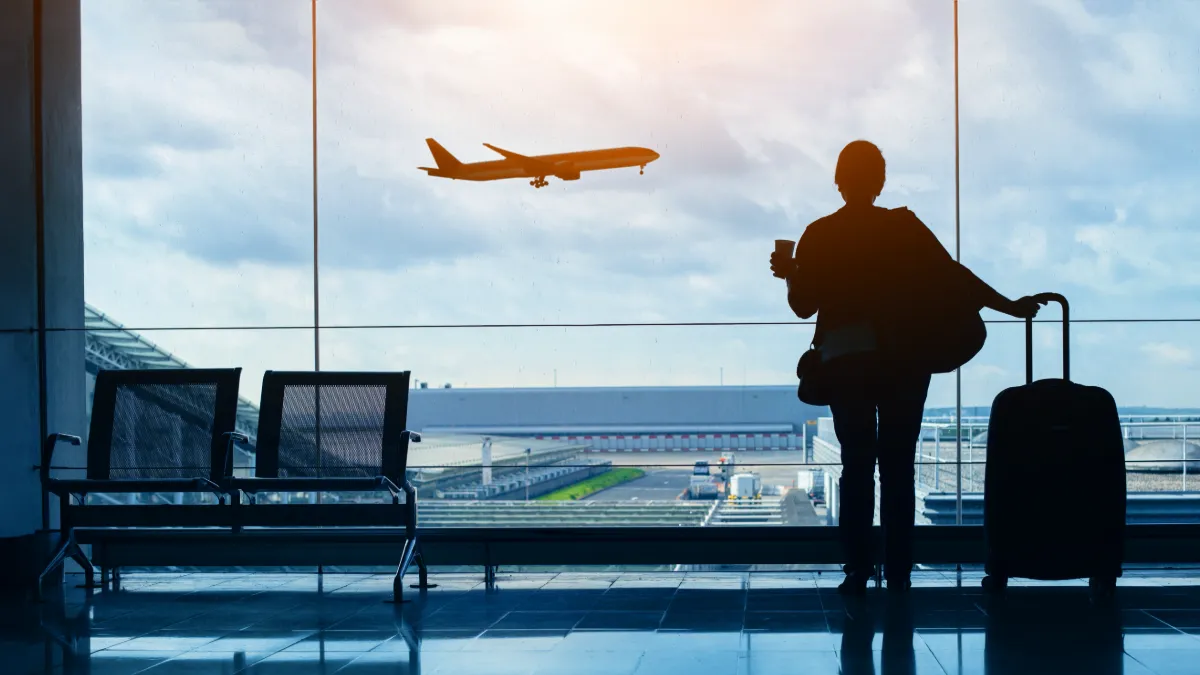 Traveler with luggage watches an airplane from an airport terminal window.