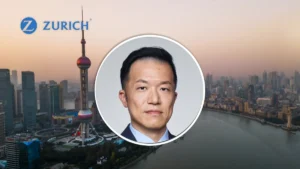 Scott Yin, EV pricing specialist at Zurich, pictured over Shanghai’s skyline beside the Zurich logo.