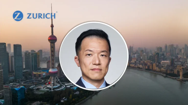 Scott Yin, EV pricing specialist at Zurich, pictured over Shanghai’s skyline beside the Zurich logo.