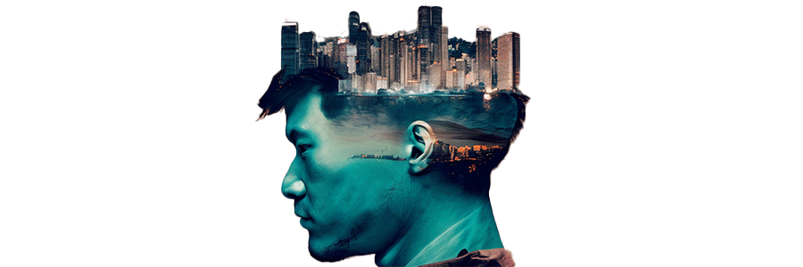 A combined photo of Asian man thinking about city.
